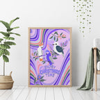 australia-hippie-christmas-canvas-wall-art-cockatoo-kookaburra-with-wattle-violet-pastel-color