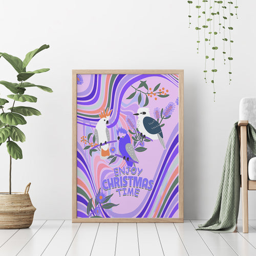 australia-hippie-christmas-canvas-wall-art-cockatoo-kookaburra-with-wattle-violet-pastel-color