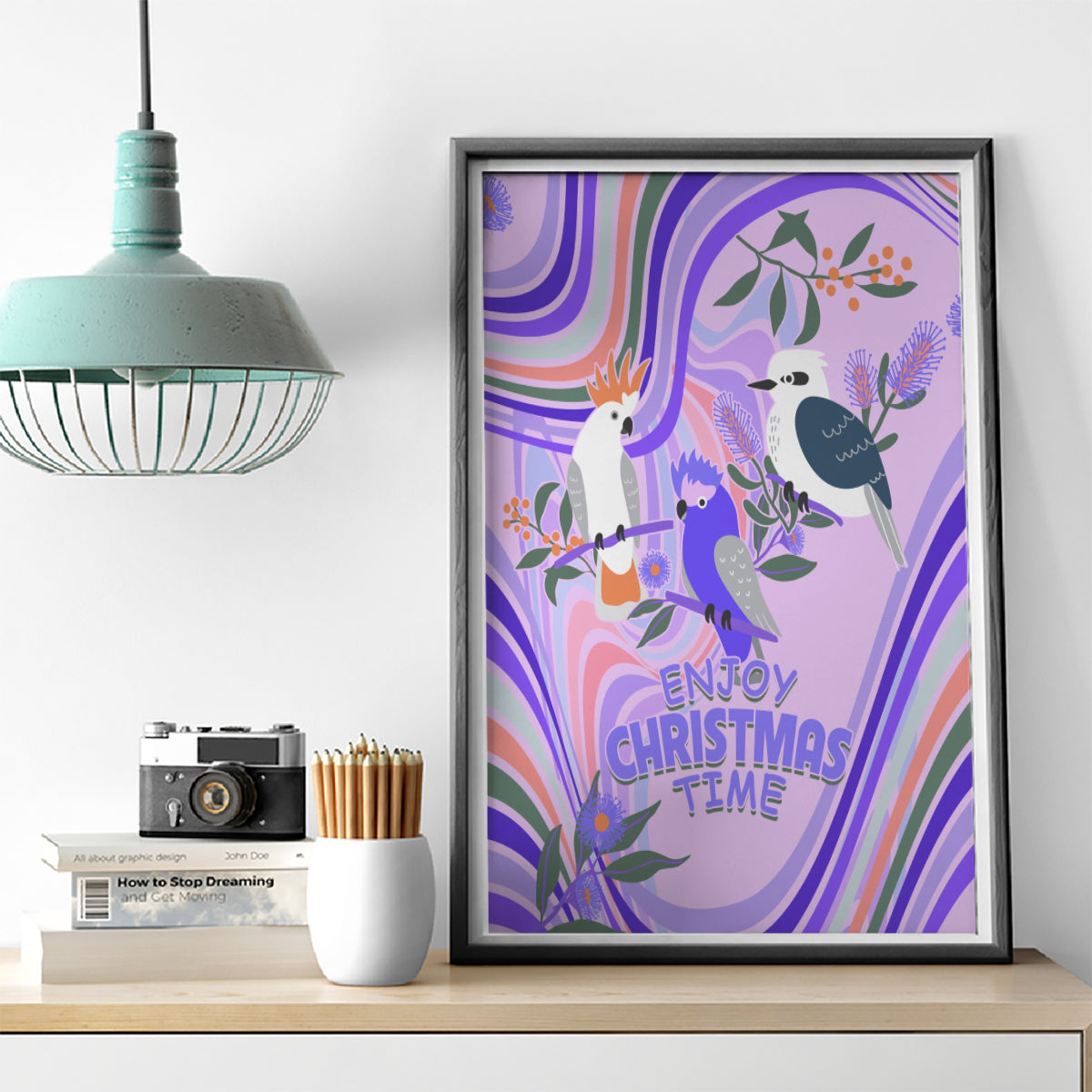 australia-hippie-christmas-canvas-wall-art-cockatoo-kookaburra-with-wattle-violet-pastel-color
