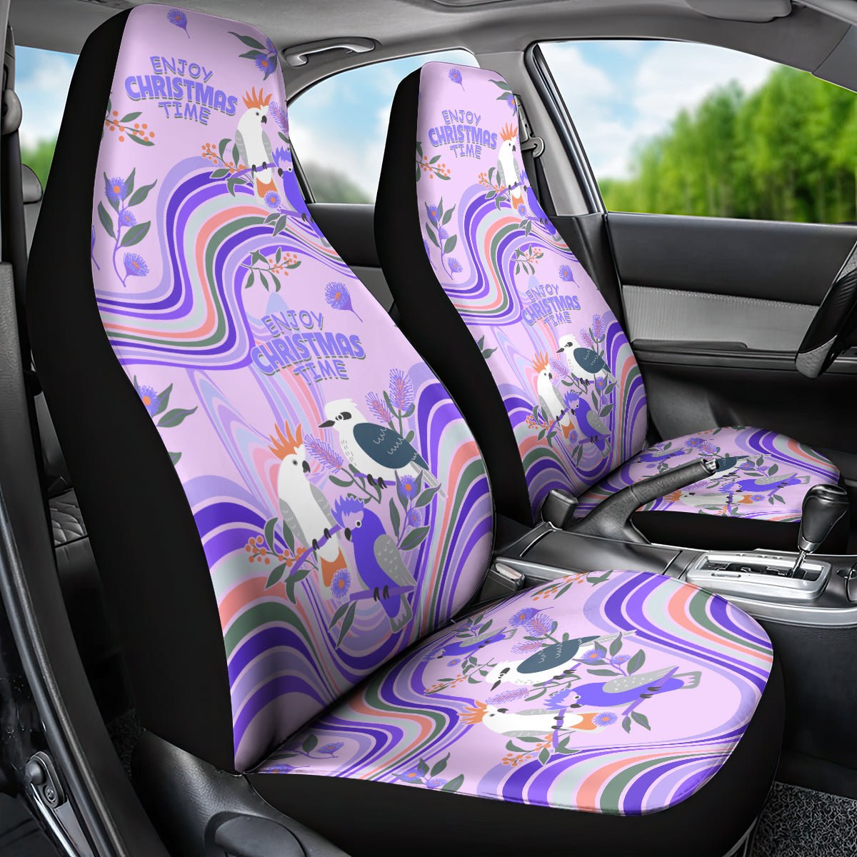 australia-hippie-christmas-car-seat-cover-cockatoo-kookaburra-with-wattle-violet-pastel-color
