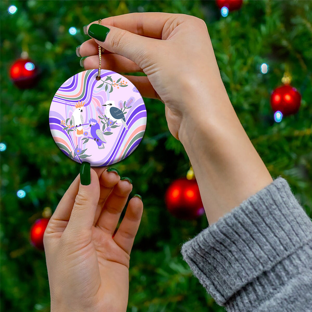 australia-hippie-christmas-ceramic-ornament-cockatoo-kookaburra-with-wattle-violet-pastel-color