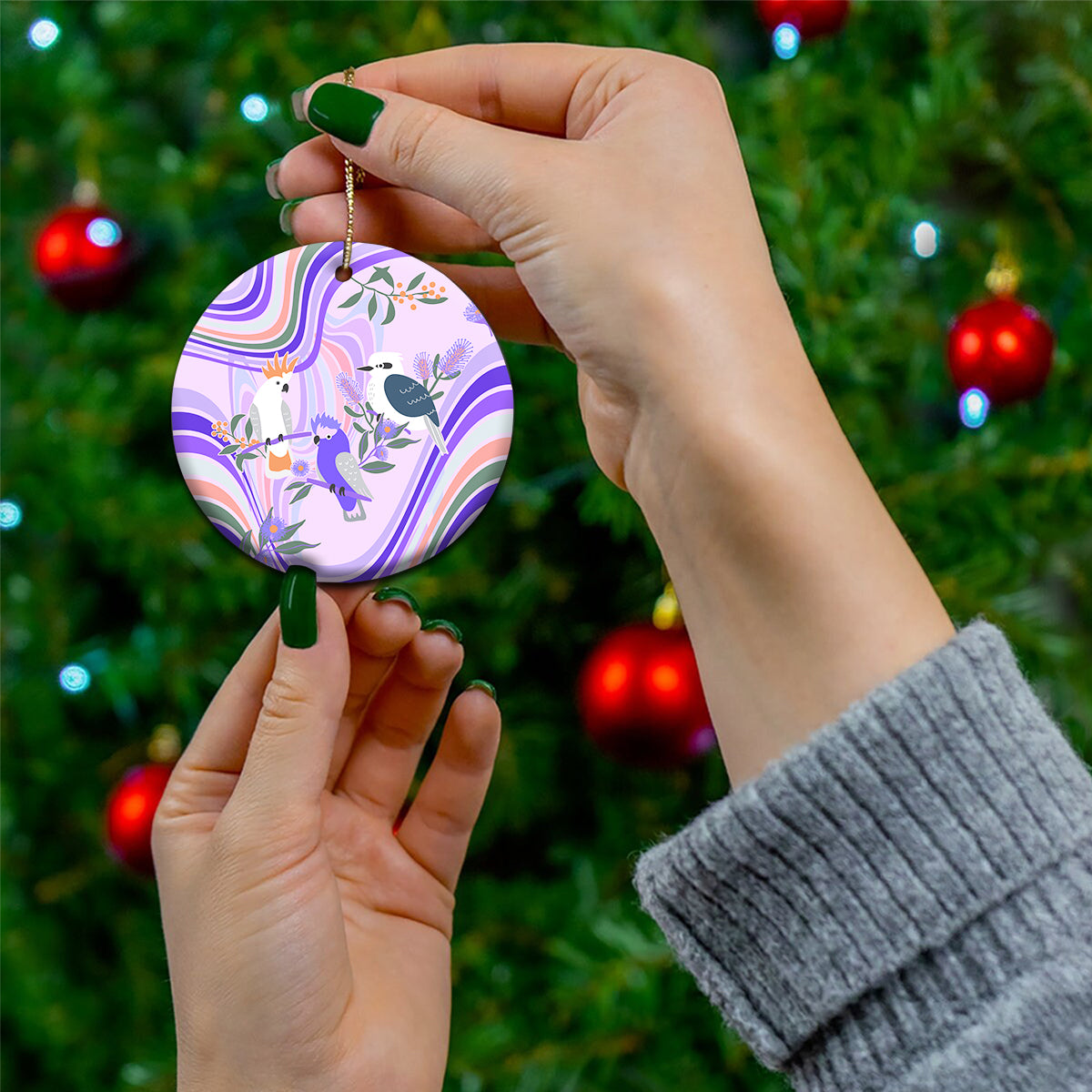 australia-hippie-christmas-ceramic-ornament-cockatoo-kookaburra-with-wattle-violet-pastel-color