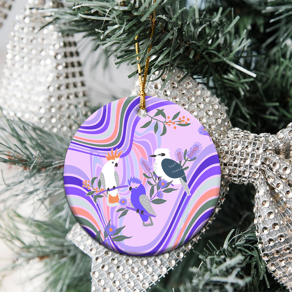 australia-hippie-christmas-ceramic-ornament-cockatoo-kookaburra-with-wattle-violet-pastel-color