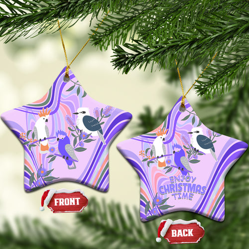australia-hippie-christmas-ceramic-ornament-cockatoo-kookaburra-with-wattle-violet-pastel-color