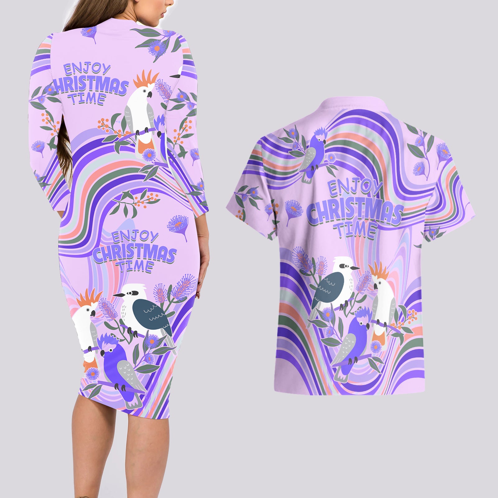 australia-hippie-christmas-couples-matching-long-sleeve-bodycon-dress-and-hawaiian-shirt-cockatoo-kookaburra-with-wattle-violet-pastel-color
