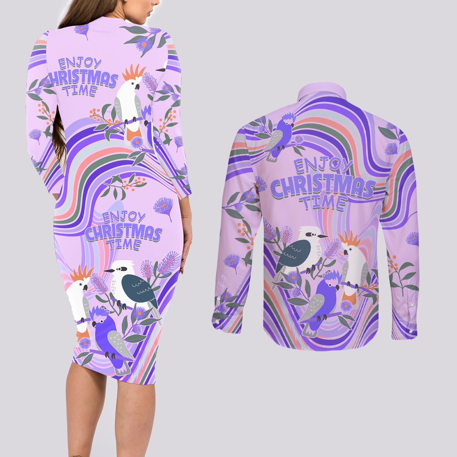 australia-hippie-christmas-couples-matching-long-sleeve-bodycon-dress-and-long-sleeve-button-shirt-cockatoo-kookaburra-with-wattle-violet-pastel-color