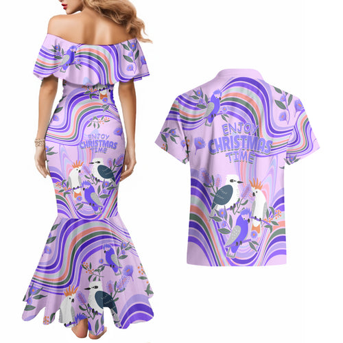 australia-hippie-christmas-couples-matching-mermaid-dress-and-hawaiian-shirt-cockatoo-kookaburra-with-wattle-violet-pastel-color