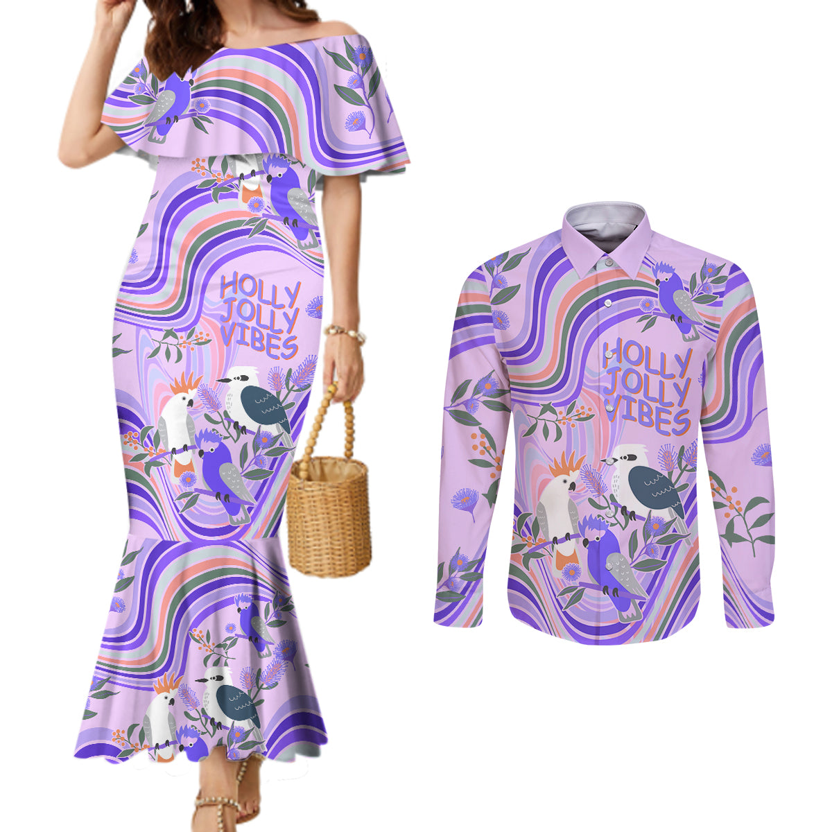 australia-hippie-christmas-couples-matching-mermaid-dress-and-long-sleeve-button-shirt-cockatoo-kookaburra-with-wattle-violet-pastel-color