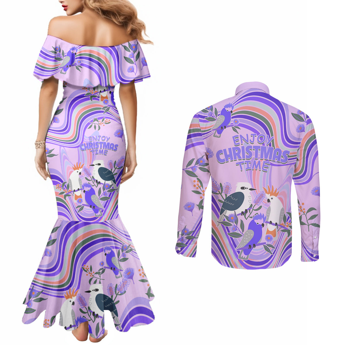 australia-hippie-christmas-couples-matching-mermaid-dress-and-long-sleeve-button-shirt-cockatoo-kookaburra-with-wattle-violet-pastel-color