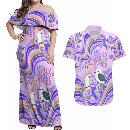 australia-hippie-christmas-couples-matching-off-shoulder-maxi-dress-and-hawaiian-shirt-cockatoo-kookaburra-with-wattle-violet-pastel-color