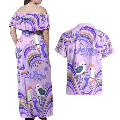 australia-hippie-christmas-couples-matching-off-shoulder-maxi-dress-and-hawaiian-shirt-cockatoo-kookaburra-with-wattle-violet-pastel-color