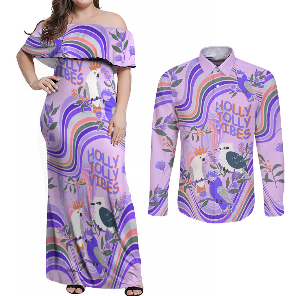 australia-hippie-christmas-couples-matching-off-shoulder-maxi-dress-and-long-sleeve-button-shirt-cockatoo-kookaburra-with-wattle-violet-pastel-color