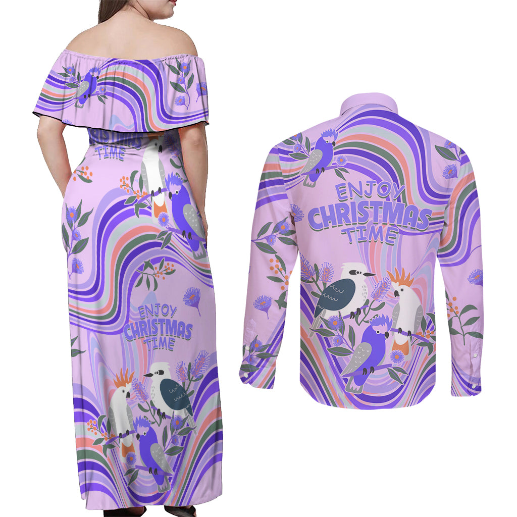australia-hippie-christmas-couples-matching-off-shoulder-maxi-dress-and-long-sleeve-button-shirt-cockatoo-kookaburra-with-wattle-violet-pastel-color
