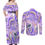 australia-hippie-christmas-couples-matching-off-shoulder-maxi-dress-and-long-sleeve-button-shirt-cockatoo-kookaburra-with-wattle-violet-pastel-color