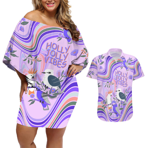 australia-hippie-christmas-couples-matching-off-shoulder-short-dress-and-hawaiian-shirt-cockatoo-kookaburra-with-wattle-violet-pastel-color