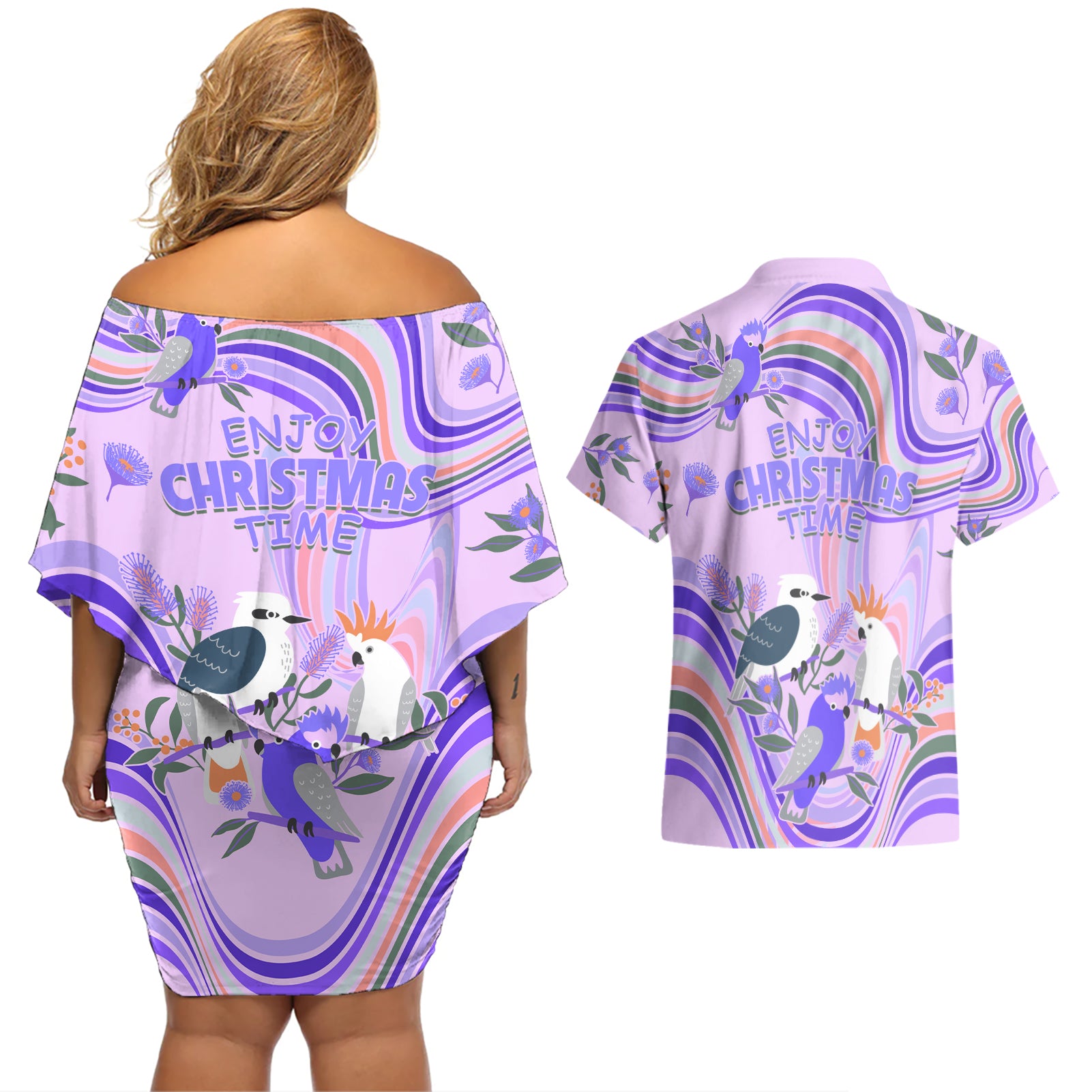 australia-hippie-christmas-couples-matching-off-shoulder-short-dress-and-hawaiian-shirt-cockatoo-kookaburra-with-wattle-violet-pastel-color