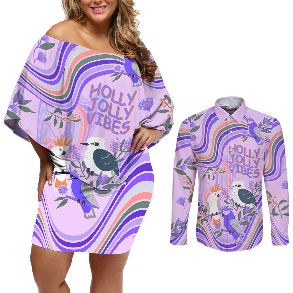 australia-hippie-christmas-couples-matching-off-shoulder-short-dress-and-long-sleeve-button-shirt-cockatoo-kookaburra-with-wattle-violet-pastel-color