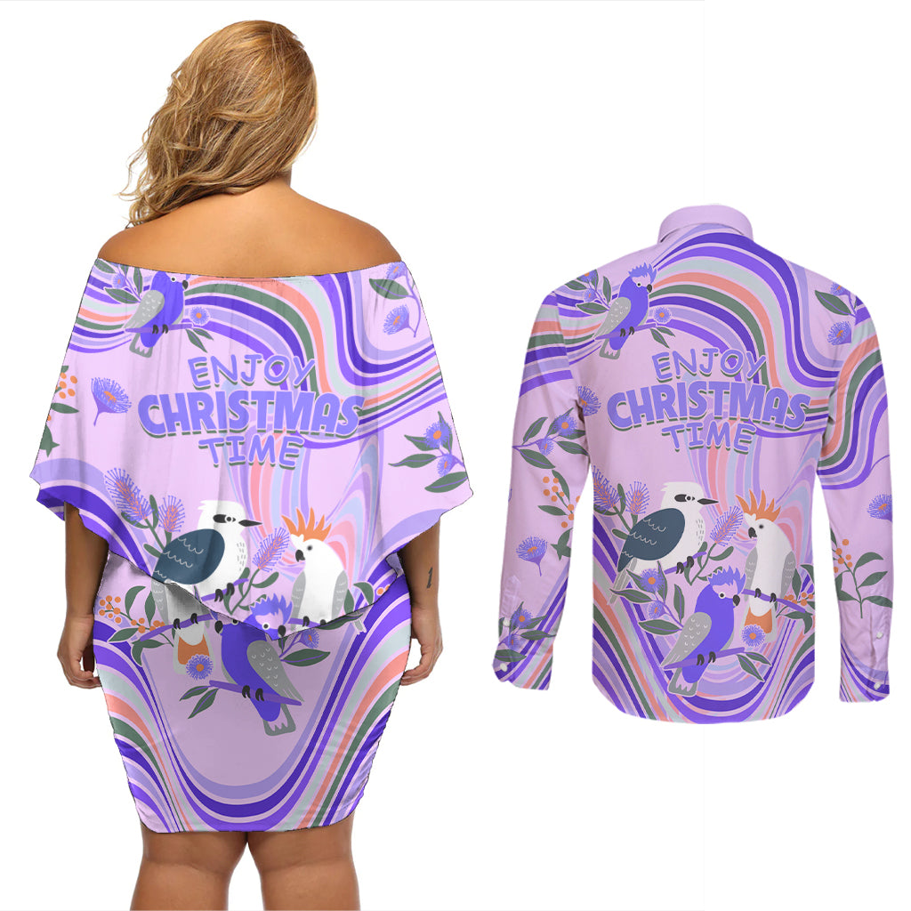 australia-hippie-christmas-couples-matching-off-shoulder-short-dress-and-long-sleeve-button-shirt-cockatoo-kookaburra-with-wattle-violet-pastel-color