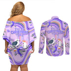 australia-hippie-christmas-couples-matching-off-shoulder-short-dress-and-long-sleeve-button-shirt-cockatoo-kookaburra-with-wattle-violet-pastel-color