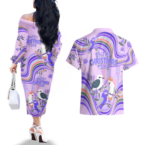 australia-hippie-christmas-couples-matching-off-the-shoulder-long-sleeve-dress-and-hawaiian-shirt-cockatoo-kookaburra-with-wattle-violet-pastel-color