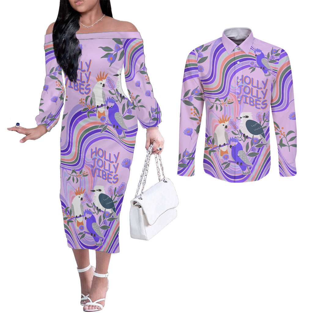 australia-hippie-christmas-couples-matching-off-the-shoulder-long-sleeve-dress-and-long-sleeve-button-shirt-cockatoo-kookaburra-with-wattle-violet-pastel-color