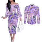 australia-hippie-christmas-couples-matching-off-the-shoulder-long-sleeve-dress-and-long-sleeve-button-shirt-cockatoo-kookaburra-with-wattle-violet-pastel-color