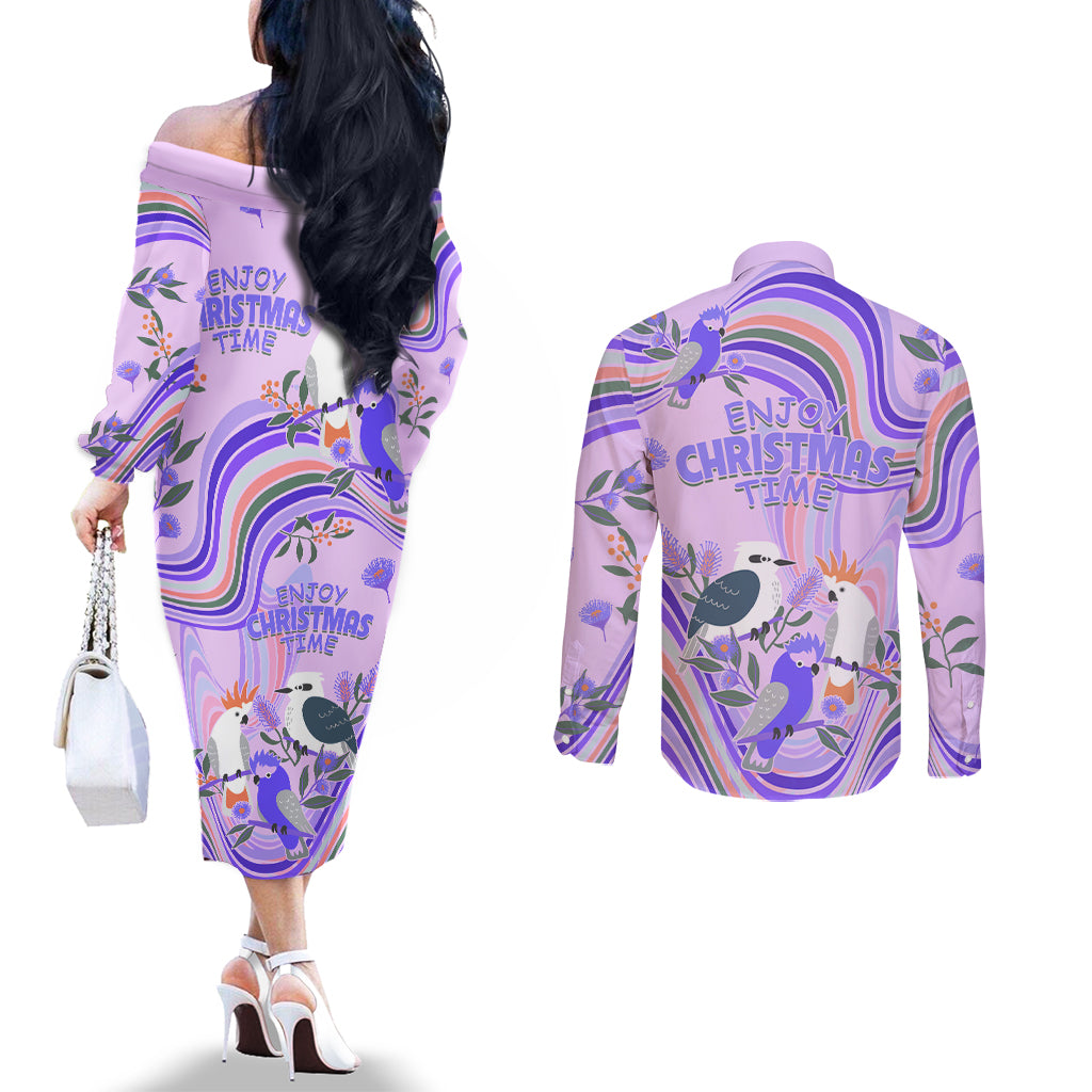 australia-hippie-christmas-couples-matching-off-the-shoulder-long-sleeve-dress-and-long-sleeve-button-shirt-cockatoo-kookaburra-with-wattle-violet-pastel-color
