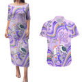 australia-hippie-christmas-couples-matching-puletasi-dress-and-hawaiian-shirt-cockatoo-kookaburra-with-wattle-violet-pastel-color