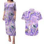 australia-hippie-christmas-couples-matching-puletasi-dress-and-hawaiian-shirt-cockatoo-kookaburra-with-wattle-violet-pastel-color