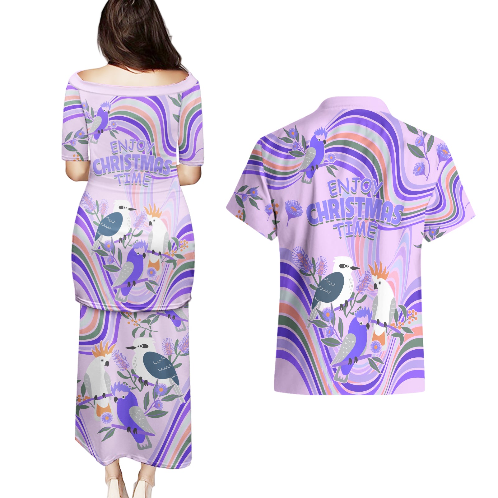 australia-hippie-christmas-couples-matching-puletasi-dress-and-hawaiian-shirt-cockatoo-kookaburra-with-wattle-violet-pastel-color