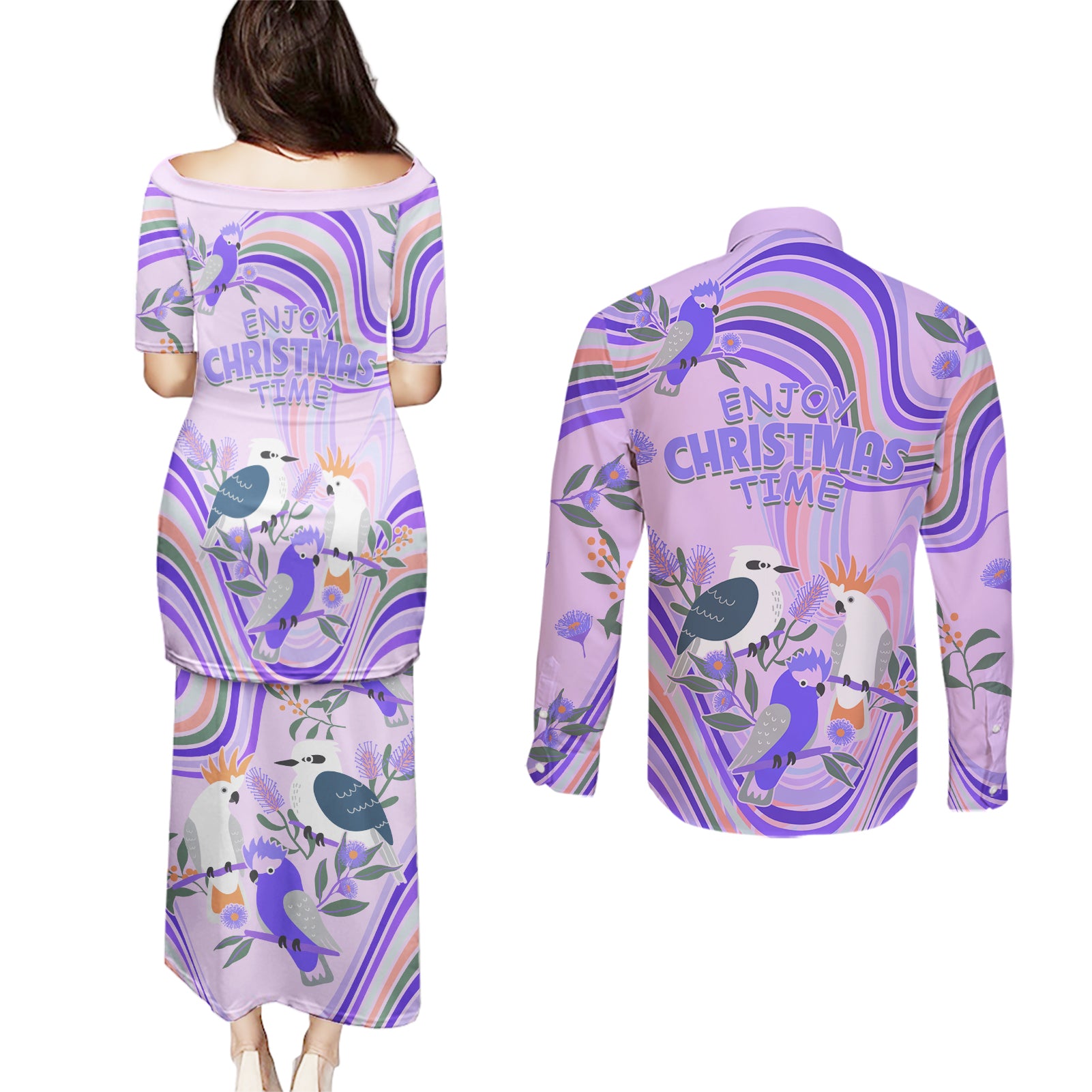 australia-hippie-christmas-couples-matching-puletasi-dress-and-long-sleeve-button-shirt-cockatoo-kookaburra-with-wattle-violet-pastel-color