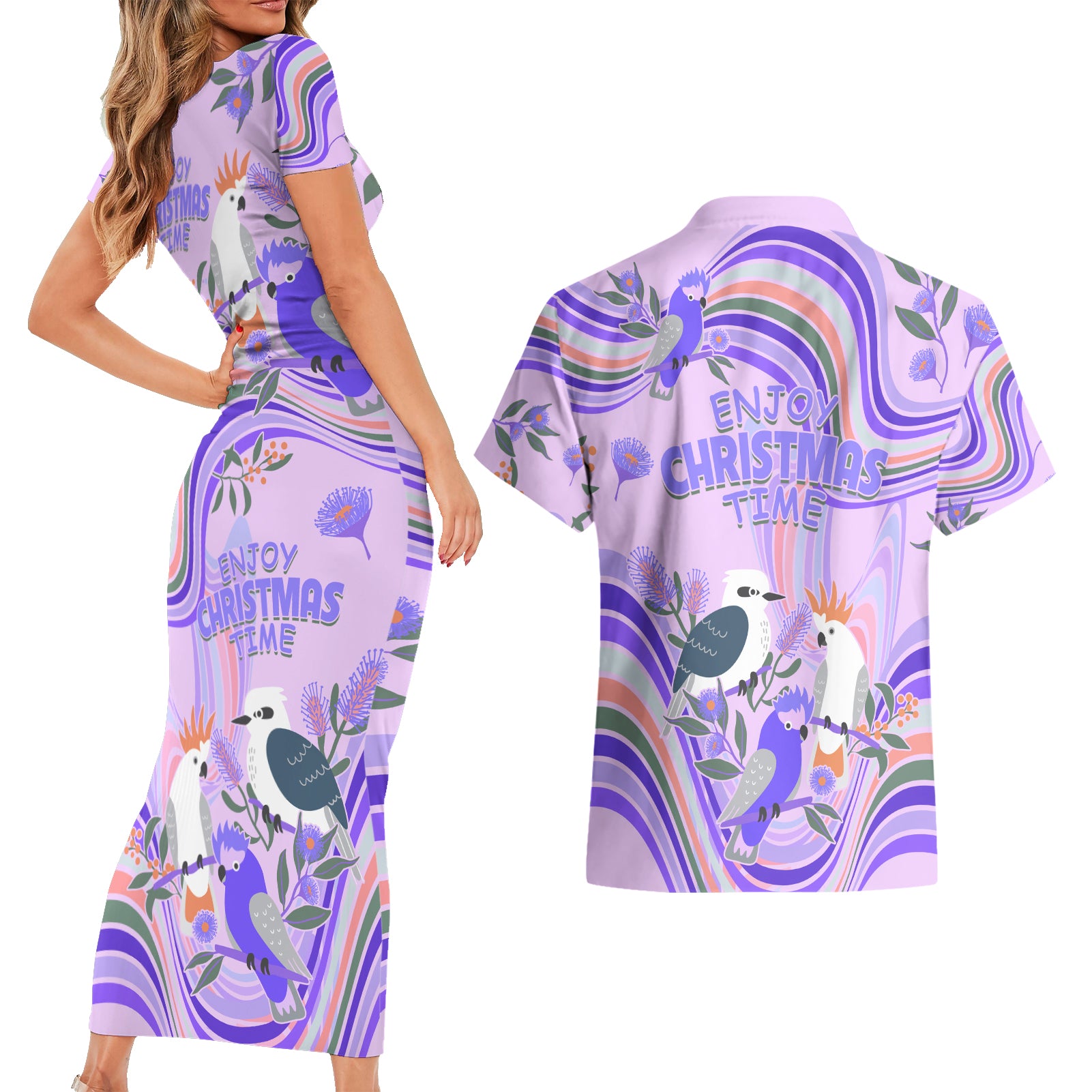 australia-hippie-christmas-couples-matching-short-sleeve-bodycon-dress-and-hawaiian-shirt-cockatoo-kookaburra-with-wattle-violet-pastel-color