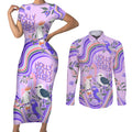 australia-hippie-christmas-couples-matching-short-sleeve-bodycon-dress-and-long-sleeve-button-shirt-cockatoo-kookaburra-with-wattle-violet-pastel-color
