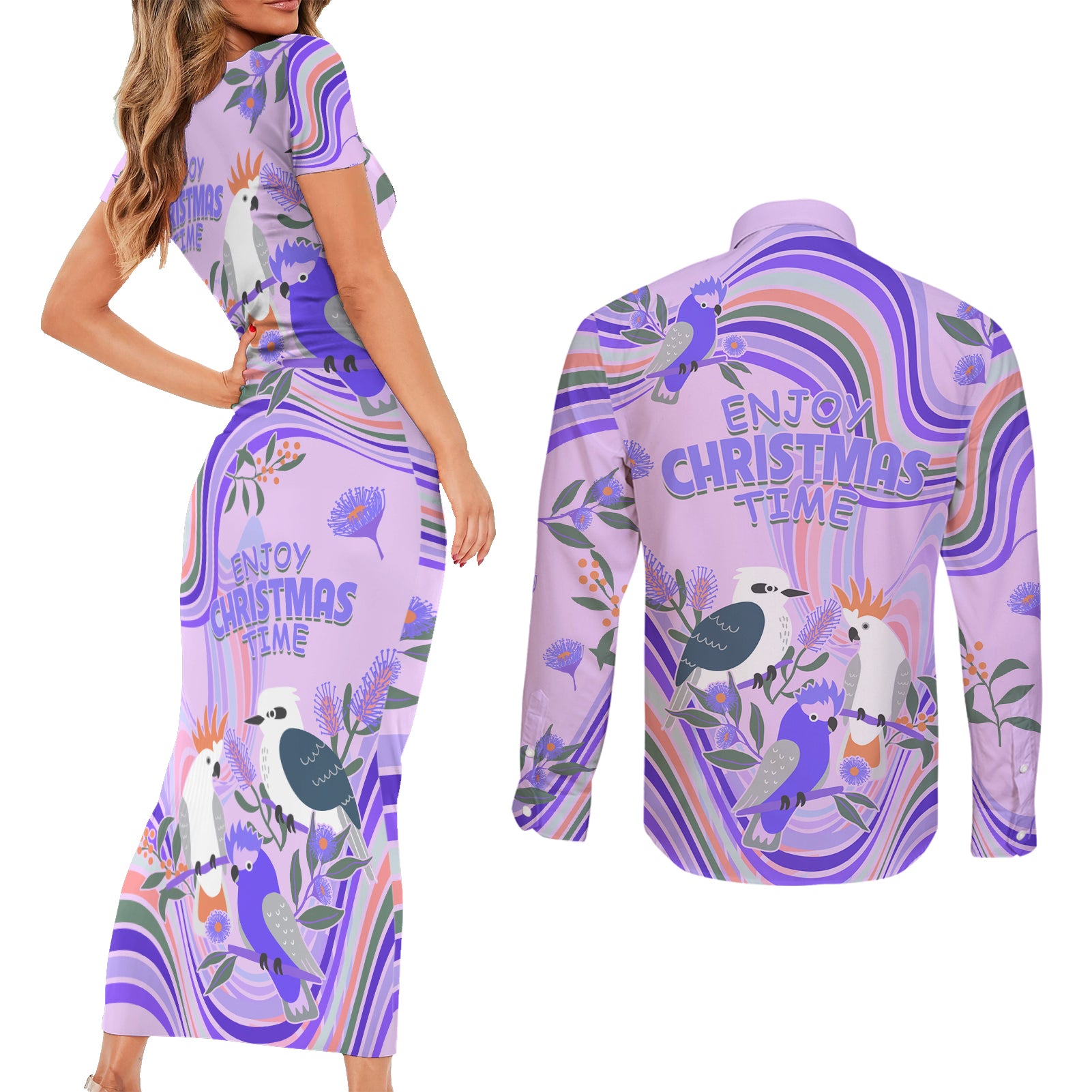 australia-hippie-christmas-couples-matching-short-sleeve-bodycon-dress-and-long-sleeve-button-shirt-cockatoo-kookaburra-with-wattle-violet-pastel-color
