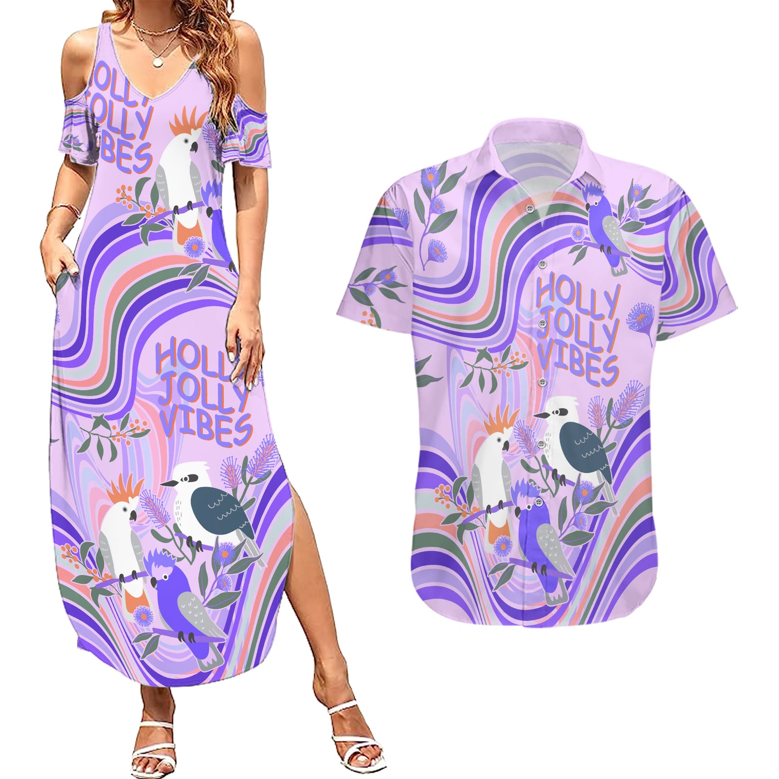 australia-hippie-christmas-couples-matching-summer-maxi-dress-and-hawaiian-shirt-cockatoo-kookaburra-with-wattle-violet-pastel-color