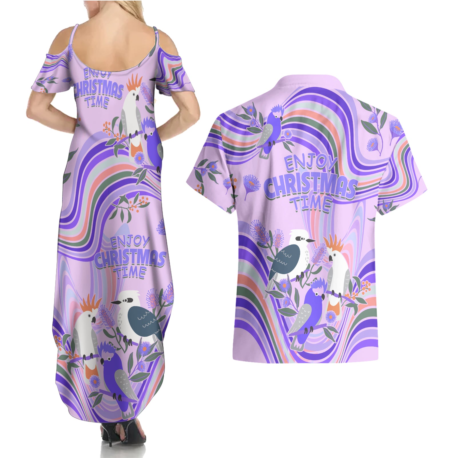 australia-hippie-christmas-couples-matching-summer-maxi-dress-and-hawaiian-shirt-cockatoo-kookaburra-with-wattle-violet-pastel-color
