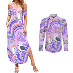 australia-hippie-christmas-couples-matching-summer-maxi-dress-and-long-sleeve-button-shirt-cockatoo-kookaburra-with-wattle-violet-pastel-color