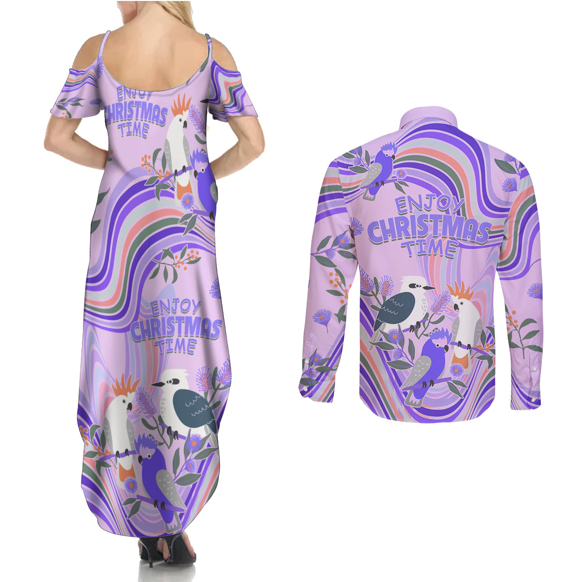 australia-hippie-christmas-couples-matching-summer-maxi-dress-and-long-sleeve-button-shirt-cockatoo-kookaburra-with-wattle-violet-pastel-color