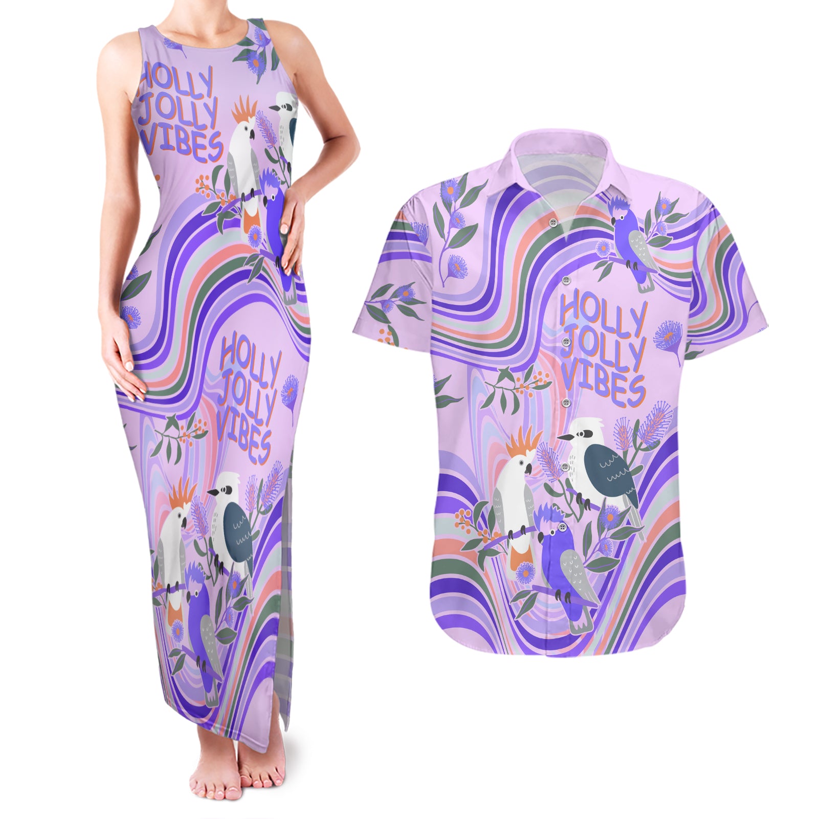 australia-hippie-christmas-couples-matching-tank-maxi-dress-and-hawaiian-shirt-cockatoo-kookaburra-with-wattle-violet-pastel-color