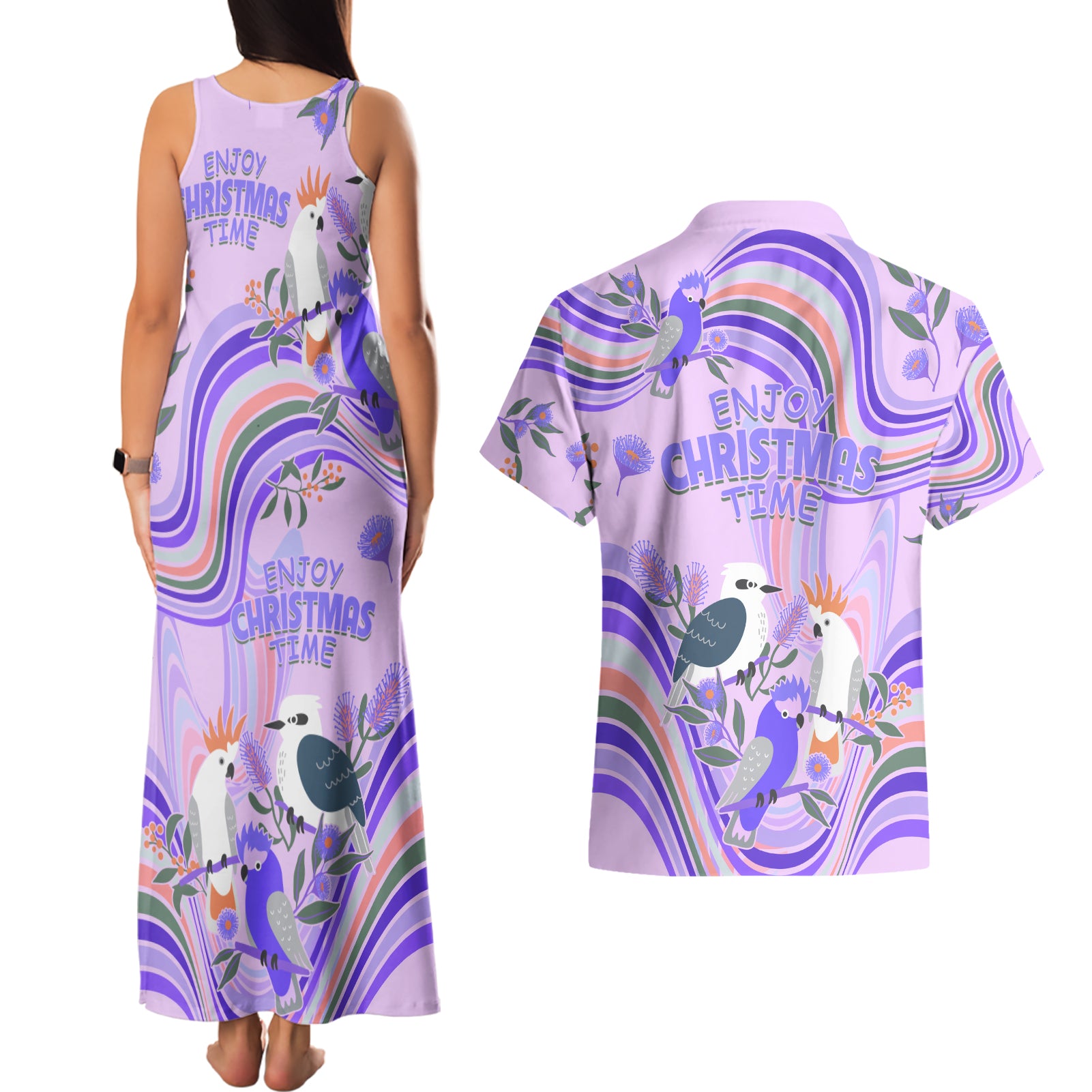 australia-hippie-christmas-couples-matching-tank-maxi-dress-and-hawaiian-shirt-cockatoo-kookaburra-with-wattle-violet-pastel-color
