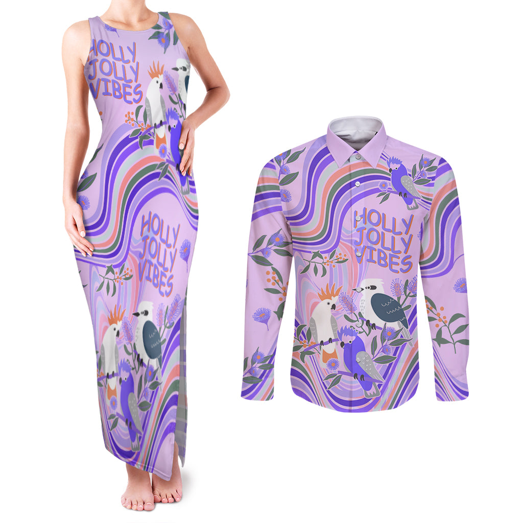 australia-hippie-christmas-couples-matching-tank-maxi-dress-and-long-sleeve-button-shirt-cockatoo-kookaburra-with-wattle-violet-pastel-color