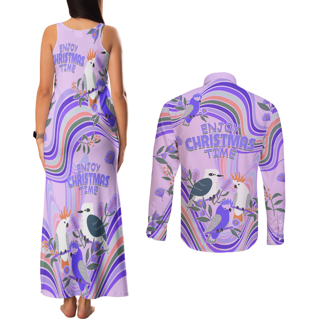australia-hippie-christmas-couples-matching-tank-maxi-dress-and-long-sleeve-button-shirt-cockatoo-kookaburra-with-wattle-violet-pastel-color