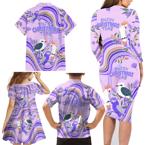 australia-hippie-christmas-family-matching-long-sleeve-bodycon-dress-and-hawaiian-shirt-cockatoo-kookaburra-with-wattle-violet-pastel-color
