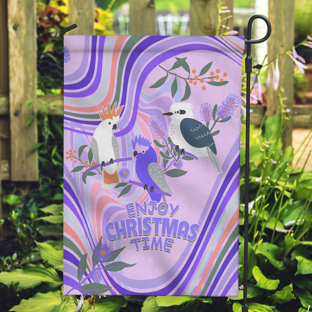 australia-hippie-christmas-garden-flag-cockatoo-kookaburra-with-wattle-violet-pastel-color