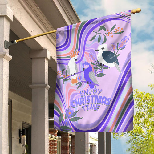 australia-hippie-christmas-garden-flag-cockatoo-kookaburra-with-wattle-violet-pastel-color