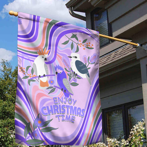 australia-hippie-christmas-garden-flag-cockatoo-kookaburra-with-wattle-violet-pastel-color