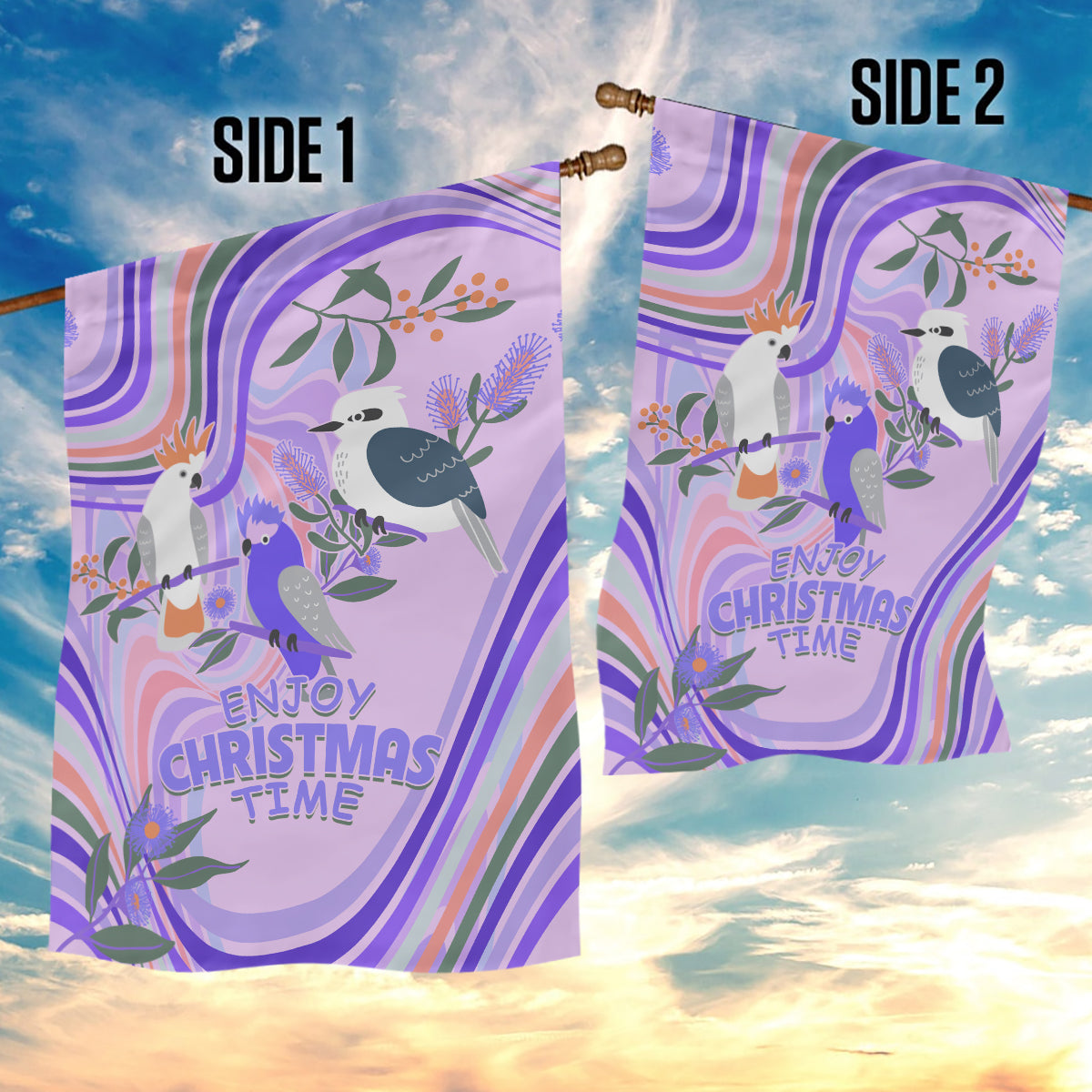 australia-hippie-christmas-garden-flag-cockatoo-kookaburra-with-wattle-violet-pastel-color