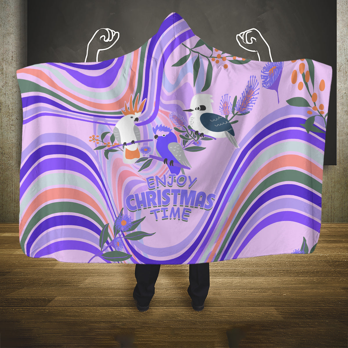 australia-hippie-christmas-hooded-blanket-cockatoo-kookaburra-with-wattle-violet-pastel-color
