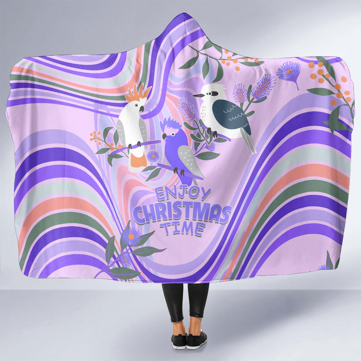 australia-hippie-christmas-hooded-blanket-cockatoo-kookaburra-with-wattle-violet-pastel-color