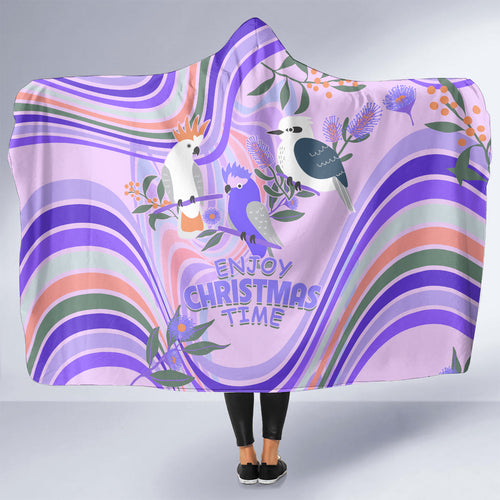 australia-hippie-christmas-hooded-blanket-cockatoo-kookaburra-with-wattle-violet-pastel-color